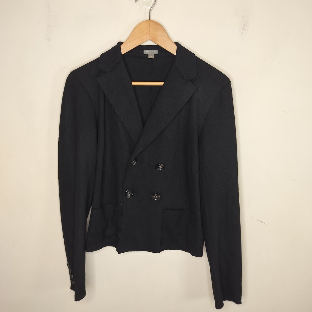 Ann Taylor Black Wool Sweater Jacket Made in Hong Kong